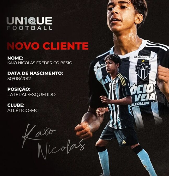 Kaio Nicolas, lateral-esquerdo do Atlético-MG Sub-14, é o novo cliente da Un1que Football